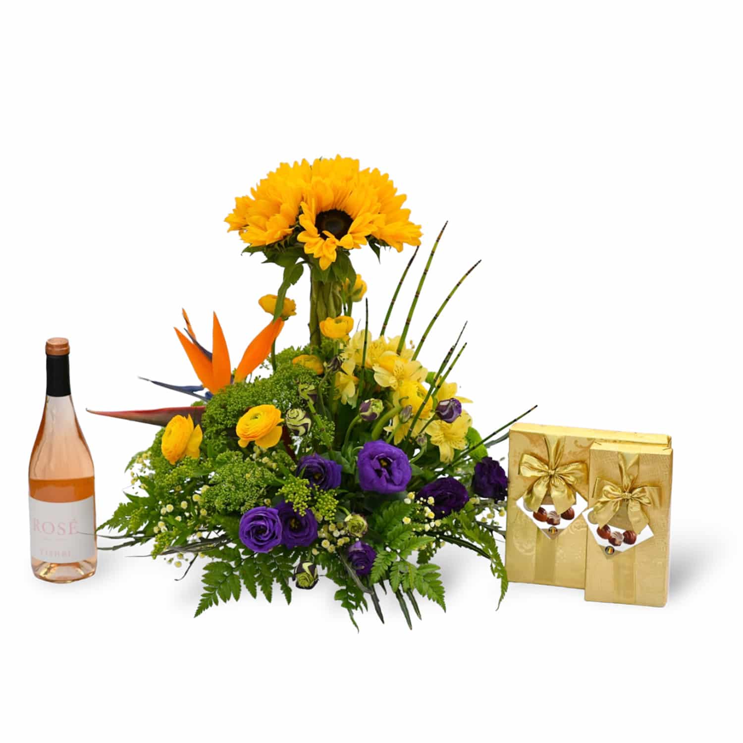 משלוח פרחים - חמניות בגן העדן בשילוב יין ופרלינים